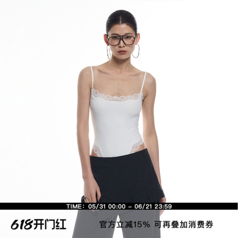 ourhour 蕾丝花边 白色黑色紧身收腰吊带连体背心 女春设计感上衣