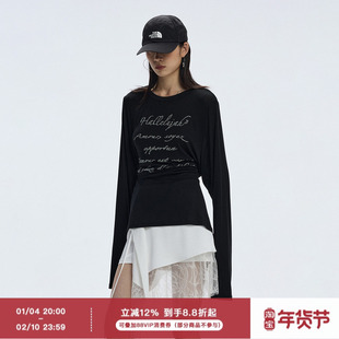 ourhour 珍珠烫钻 黑色灰色可收腰莱赛尔长袖T恤 女秋设计感上衣