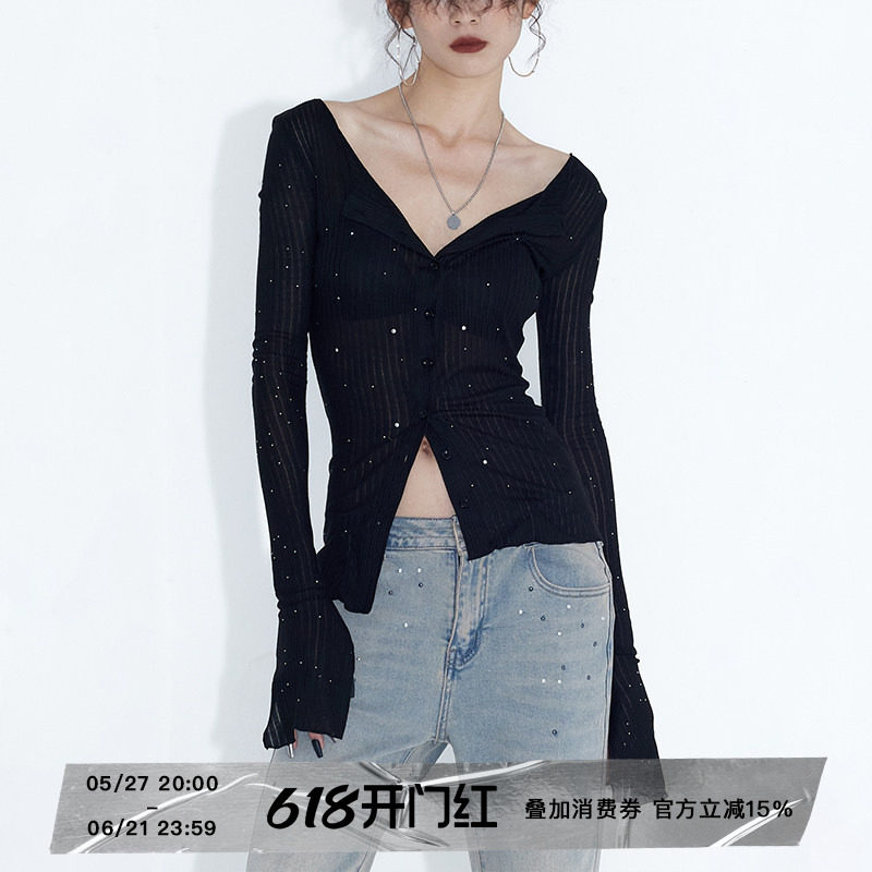ourhour 满天星烫钻 黑色轻薄微透开衩亮闪开衫 女夏设计感防晒衣