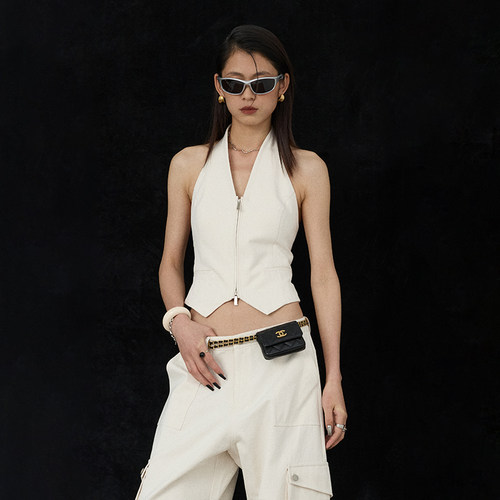 ourhour象牙白V领拉链挂脖马甲