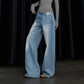 女春设计感裤 水洗蓝中腰口袋刺绣宽松牛仔裤 满天星亮闪 ourhour