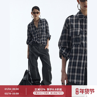 ourhour 复古格纹 黑色翻领双口袋宽松挽袖衬衫 女冬季微收腰上衣