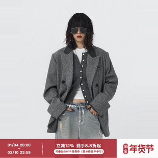 ourhour 拼接皮领 灰色双排扣人字纹宽松毛呢西装 女冬设计感外套