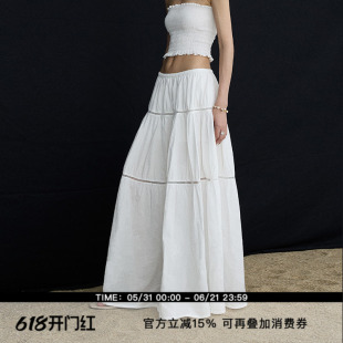 ourhour 镂空拼接 白色松紧腰宽松长款塔裙半身裙 女夏设计感半裙
