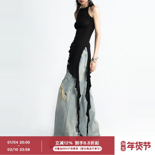 ourhour 斜边下摆 黑色削肩开衩荷叶边飘带鱼尾背心 女夏修身上衣