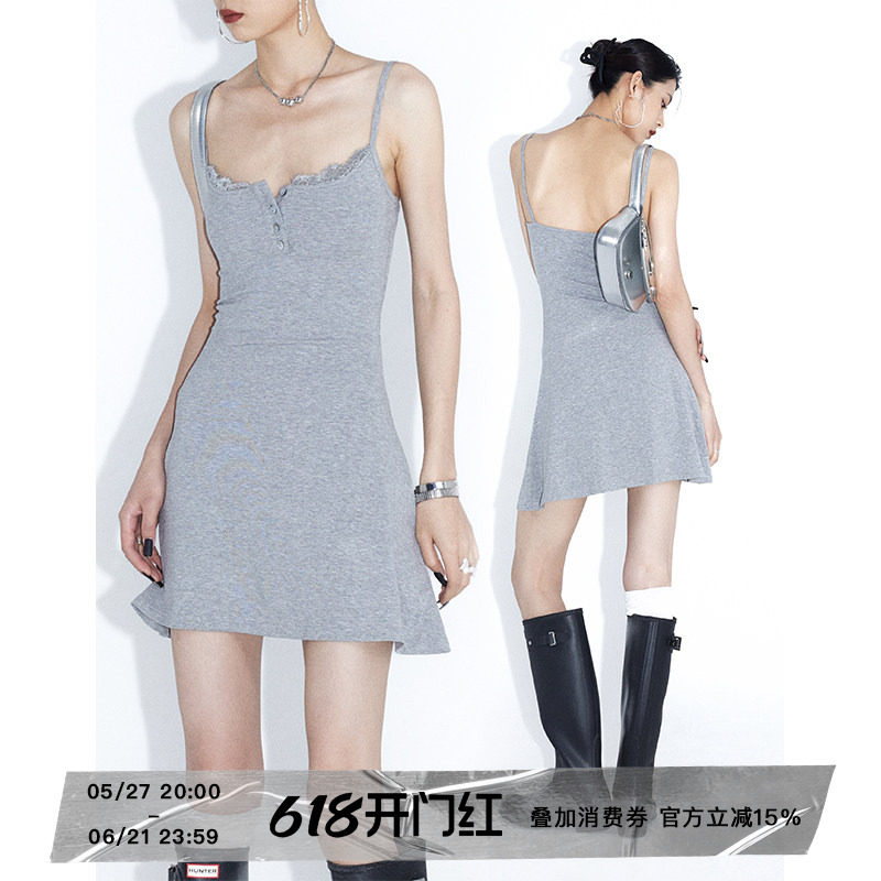 ourhour 波浪裙摆 黑灰色蕾丝花边亨利领连衣裙 女夏设计感吊带裙