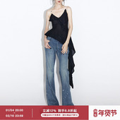 黑色V领荷叶边斜下摆背心 ourhour 串珠透明肩带 女夏设计感吊带