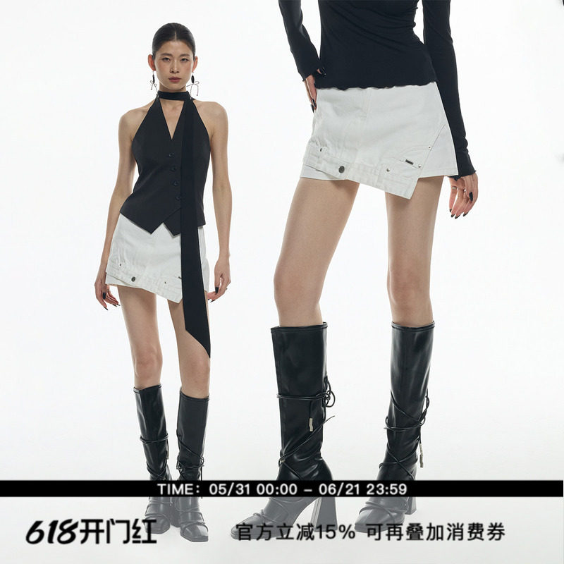 ourhour 解构错位 白色前片不规则A字牛仔短裙裤 女春设计感短裤
