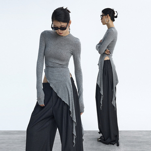 ourhour 木耳边下摆 纯色莱赛尔修身斜边开衩上衣 女春设计感打底