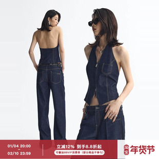 ourhour 复古丹宁 挂脖V领拉链明线天丝牛仔马甲 女春设计感背心