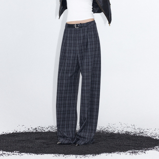 女秋设计感休闲长裤 拼接皮带腰头捏褶宽松西裤 蓝灰格纹 ourhour