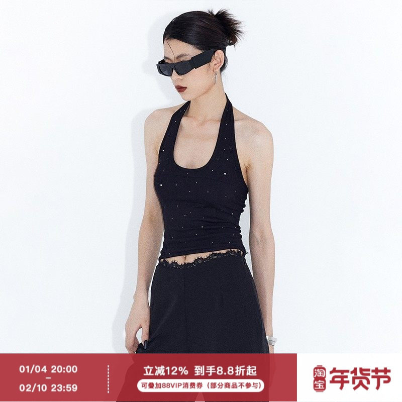ourhour 满天星烫钻 黑色U领削肩挂脖修身短背心 女夏设计感上衣,女装/女士精品,背心吊带,淘宝优惠券,粉丝福利购,淘宝优惠卷