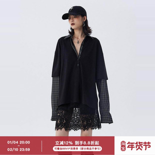 ourhour 假两件拼接 黑色格纹polo领衬衫长袖T恤 女冬设计感上衣