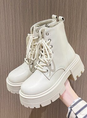 马丁靴女白色2023年新款秋冬季加绒ins英伦风百搭厚底小个子短靴