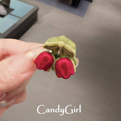 植绒红色小花发夹女新款可爱