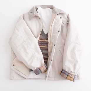 英式复古桃皮绒灯芯绒翻领拼接棉服女宽松轻通勤米色长袖棉衣外套