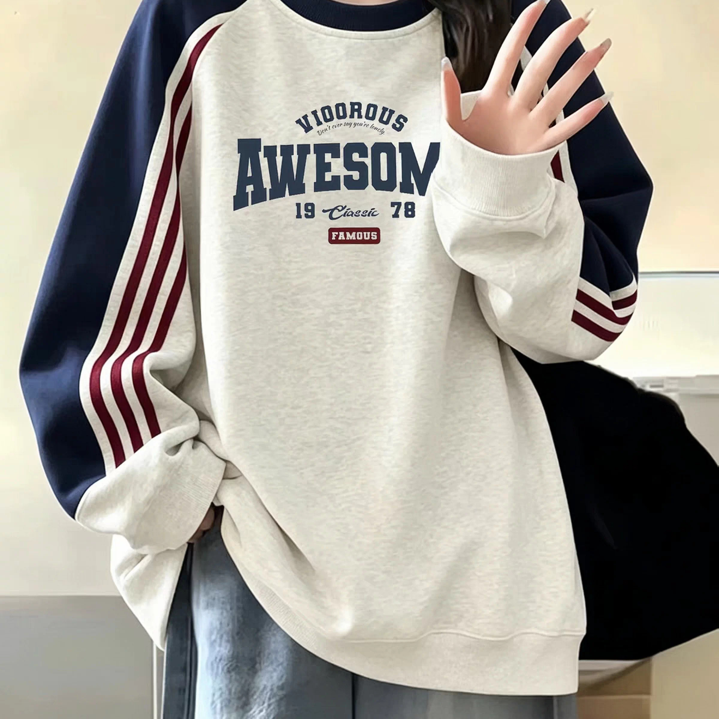 2026秋冬大童少女拼接撞色无帽圆领卫衣初中高中学生宽松长袖上衣