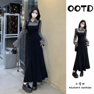 大码韩版修身假两件连衣裙女秋冬胖mm收腰显瘦赫本风时尚a字长裙