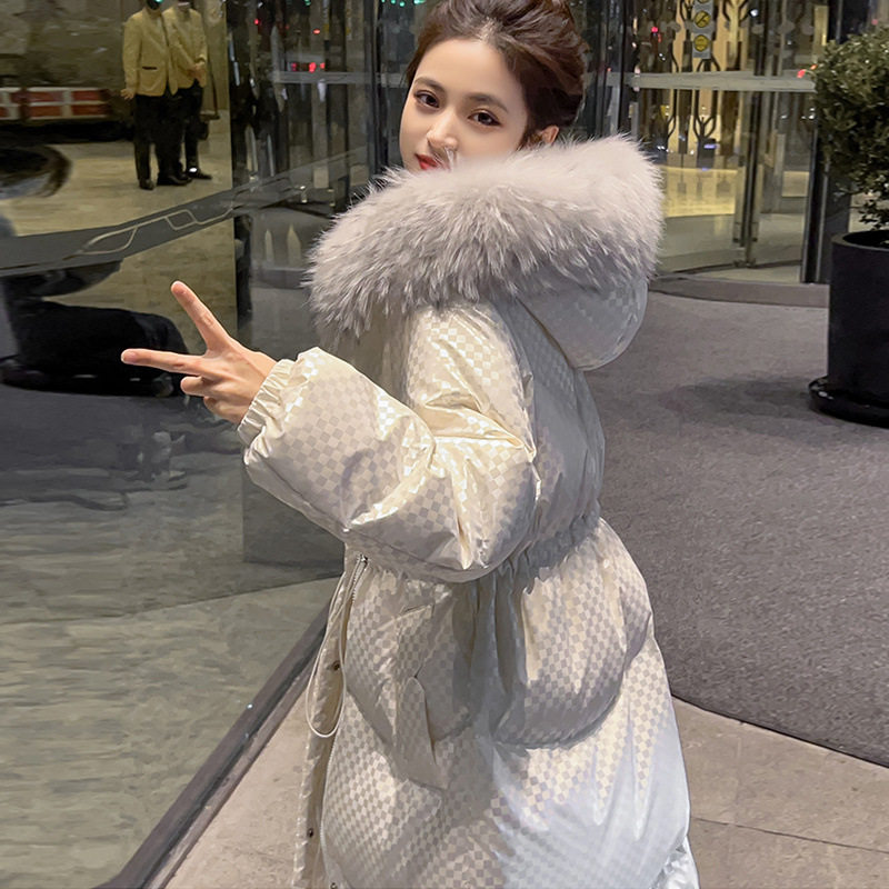 大毛领白色羽绒服女中长款加厚2024新款冬时尚宽松连帽白鸭绒外套