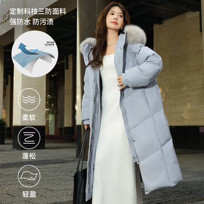 欧货鹅绒羽绒服大狐狸毛领女2025冬季新款高端气质连帽中长款加厚