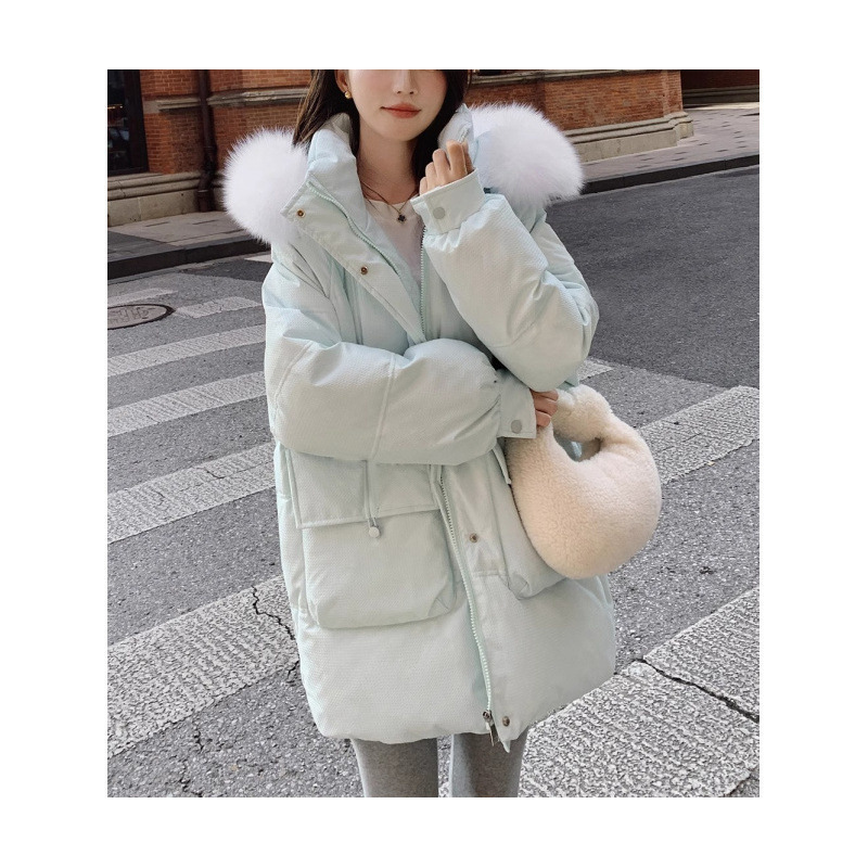 90新国标白鸭绒羽绒服女加厚连帽ins森系蓝色学院风中长款外套冬