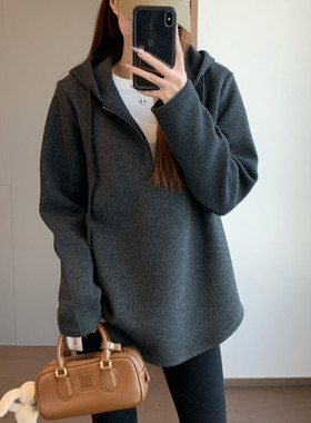 醋酸羊毛 柔软厚实宽松版半拉链连帽气质慵懒加绒卫衣25冬G122606