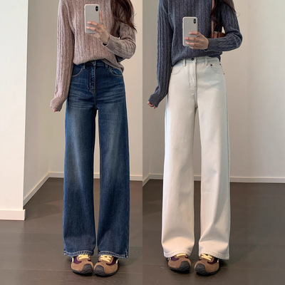 保暖一体绒 高腰舒适 赛络纺环保水洗直筒拉绒牛仔裤女冬G121712