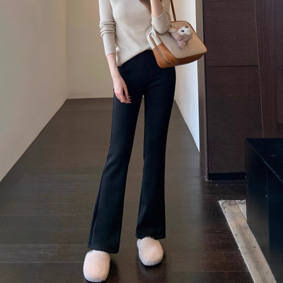 超模大长腿～加绒加厚高腰显瘦小黑裤微喇阔腿裤女秋冬新G122201