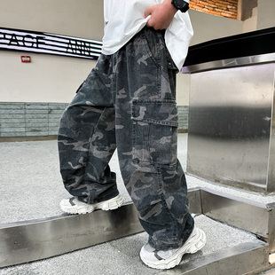 男童迷彩工装裤春秋款2025新款潮中大童痞帅直筒裤子男孩春季长裤