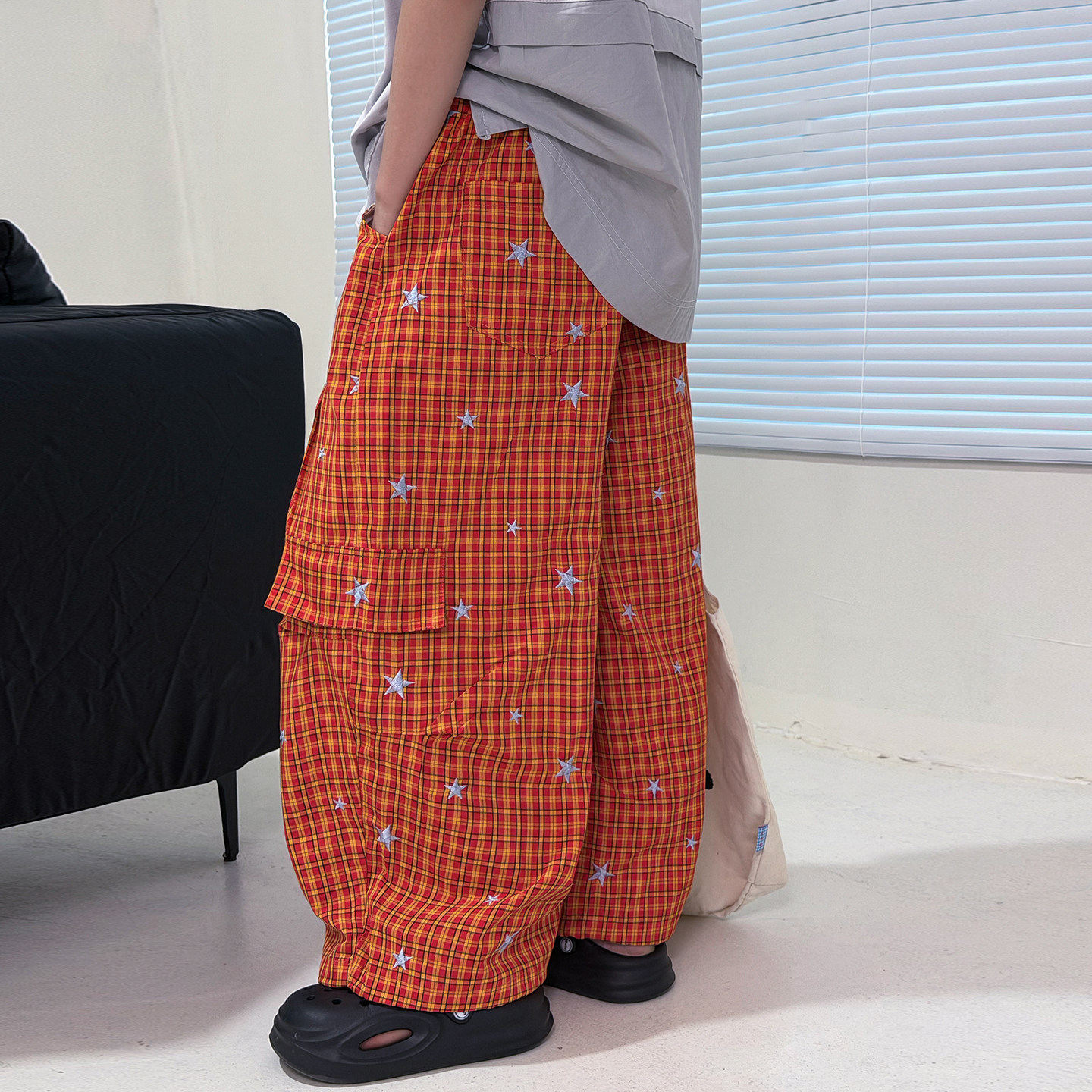 裤子棉混防蚊裤格子裤子透气宽松