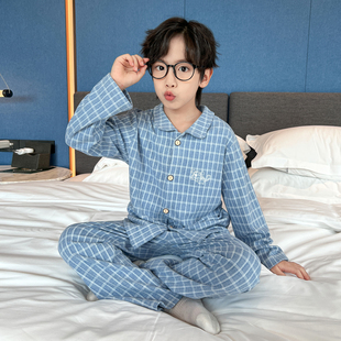 男童家居服套装春秋冬2025新款儿童睡衣冬款格子上衣裤子两件套潮