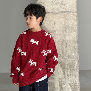 男童马年红色毛衣秋冬季2025新款洋气儿童本命年衣服中大童线衣潮