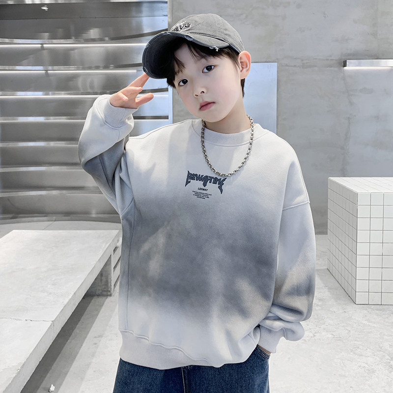 男童加绒渐变卫衣冬装2024新款儿童加厚一体绒打底衫中大童上衣潮