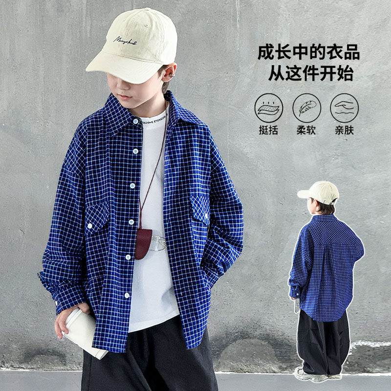 棉韩版春秋翻领格子衬衫男孩潮