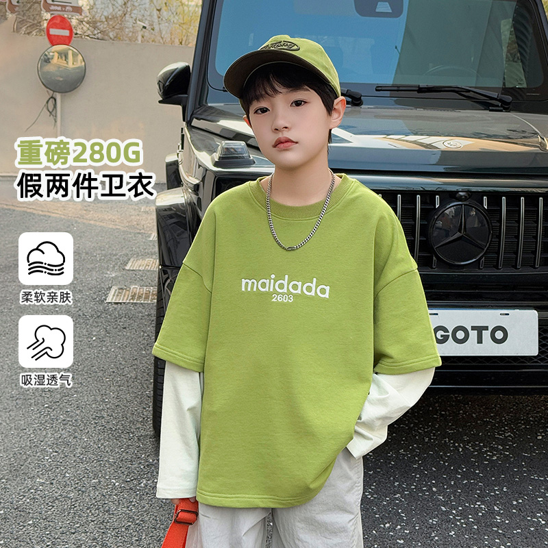 圆领韩版长袖假两件T恤男孩潮