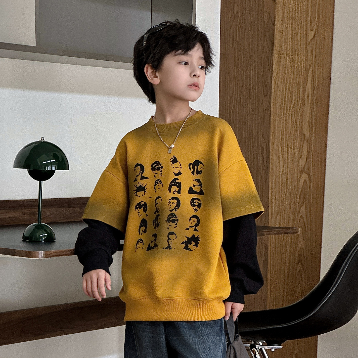 男童长袖T恤春秋款2026新款潮儿童春季中大童假两件卫衣春装洋气