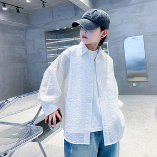 男童白色衬衫长袖春秋款2026新款痞帅儿童春装宽松中大童衬衣炸街
