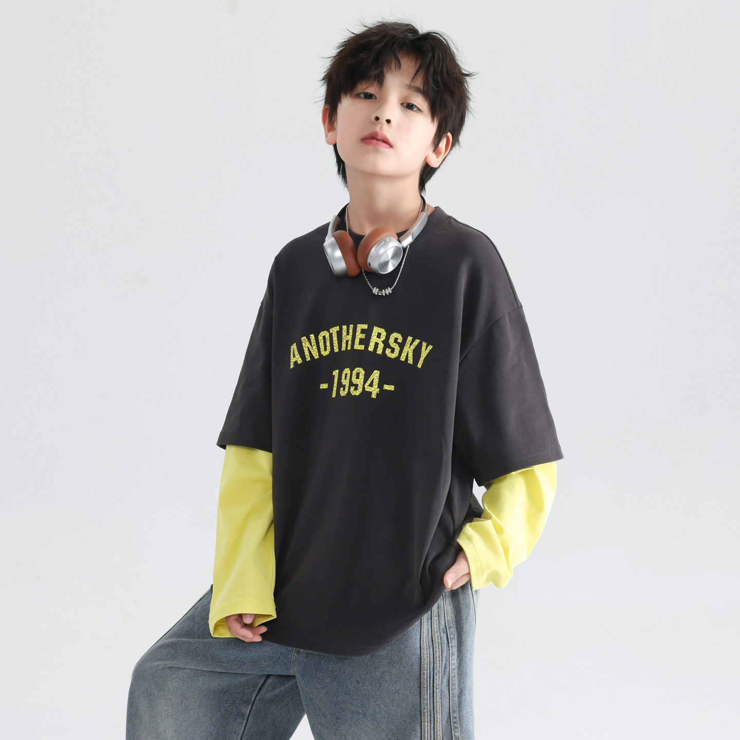 男童长袖T恤春秋款2026新款潮儿童春季中大童炸街假两件卫衣洋气