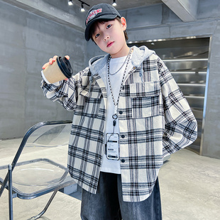 男童格子连帽衬衫外套春秋款2026新款儿童长袖中大童春季上衣炸街