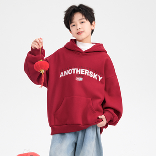 男童红色连帽加绒卫衣秋冬季2026新款儿童本命年冬款男孩拜年服潮