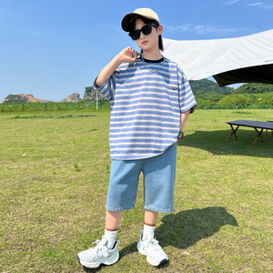 男童条纹短袖套装夏季2024新款潮中大童T恤短裤两件套儿童装夏装