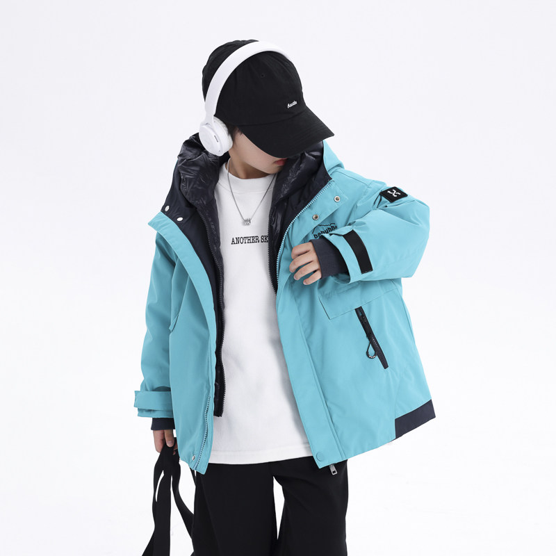 男童冲锋衣羽绒服冬季2025新款中大童冬装90白鸭绒假两件工装外套