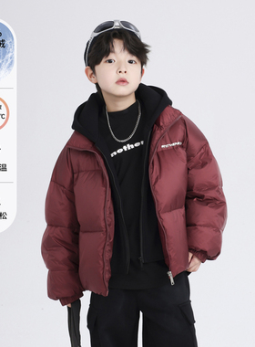 男童冬季假两件红色羽绒服2026新款儿童装中大童90白鸭绒外套冬装
