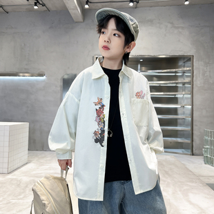 男童长袖衬衫春秋2026新款潮儿童韩版卡通衬衣中大童春季上衣痞帅