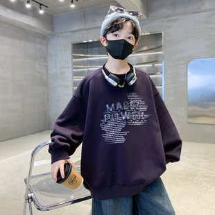 男童圆领一体绒卫衣秋冬2025新款时髦儿童冬季中大童加绒打底衫潮