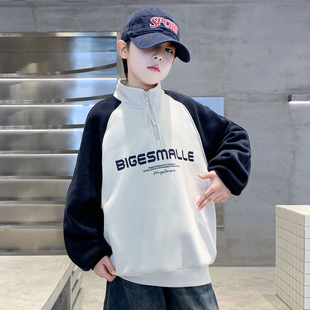 男童半拉链加绒卫衣秋冬季2025新款痞帅儿童装中大童冬款打底内搭