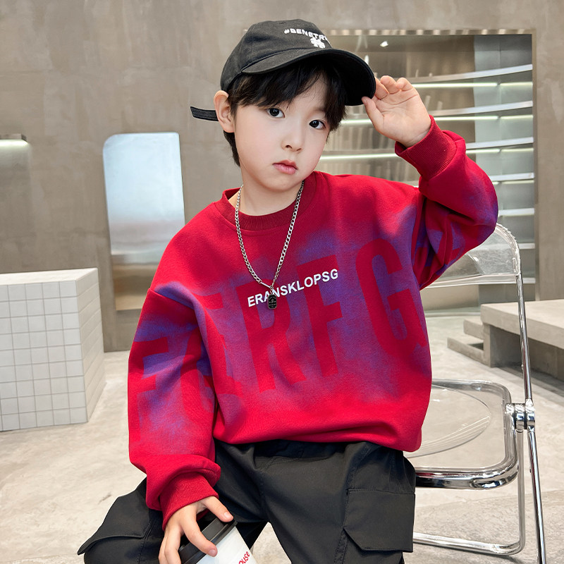 男童红色卫衣春秋款2026新款儿童春季打底衫洋气大男孩炸街上衣潮