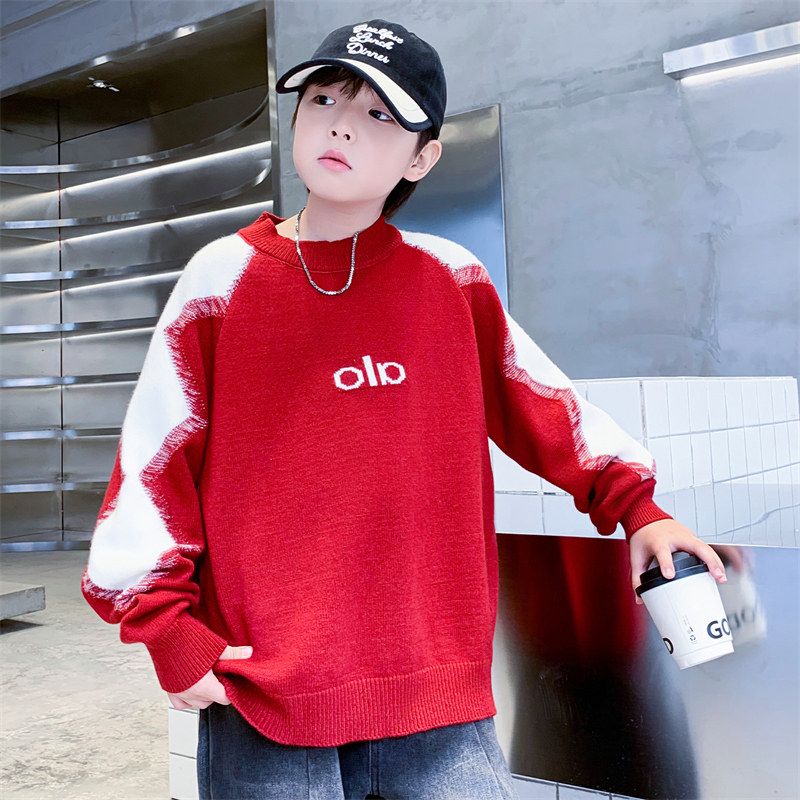 男童红色毛衣秋冬2026新款中大童冬装儿童加厚针织衫男孩打底上衣