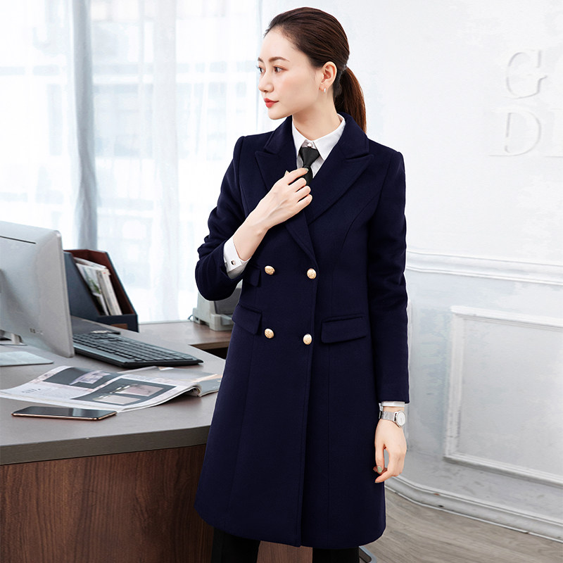 冬季新款职业装中长款显瘦经典双排扣加棉毛呢外套酒店前台制服女