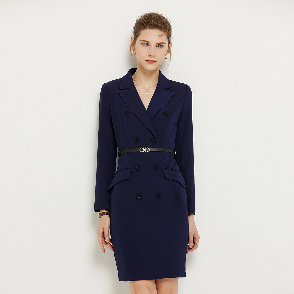 夏季新款职业装修身收腰韩版双排扣藏青长袖连衣裙酒店前台工作服